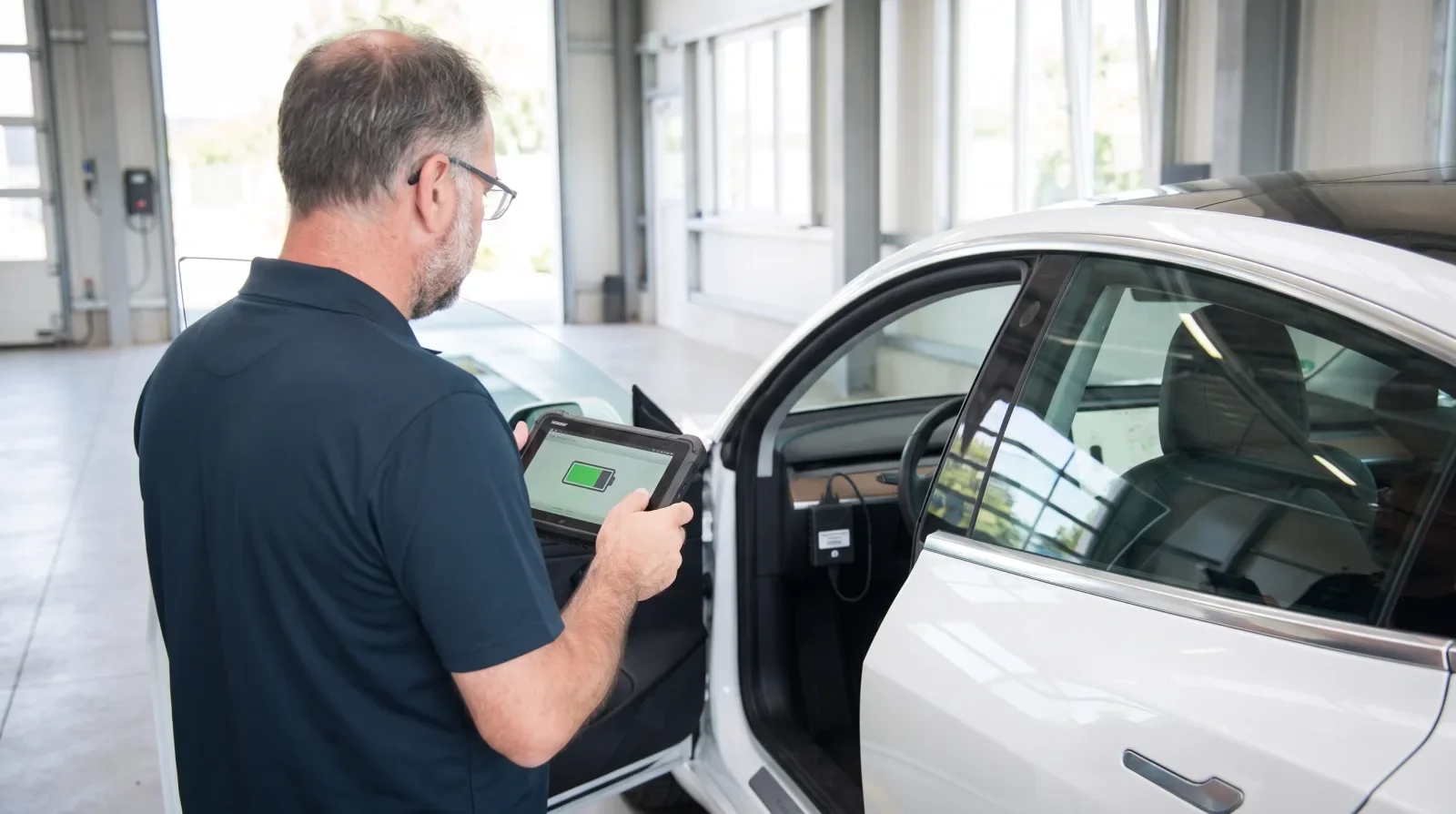 Sachverständiger liest am Tablet den Batteriezustand eines weißen Elektroautos aus