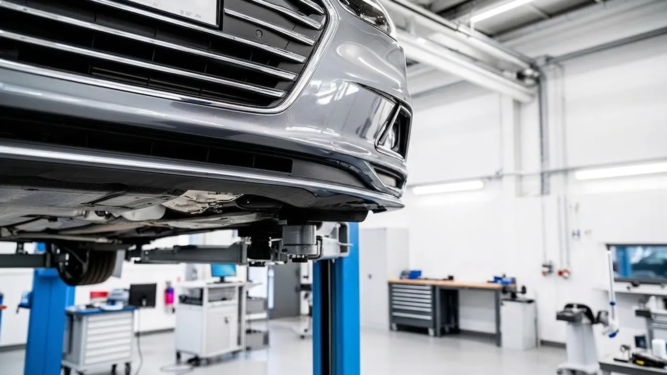 Kfz-Sachverständiger untersucht einen PKW auf der Hebebühne