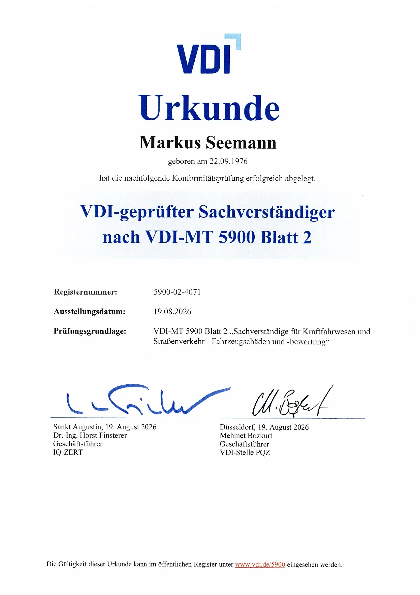 VDI-Urkunde für Markus Seemann: VDI-geprüfter Sachverständiger nach VDI-MT 5900 Blatt 2, Registernummer 5900-02-4071